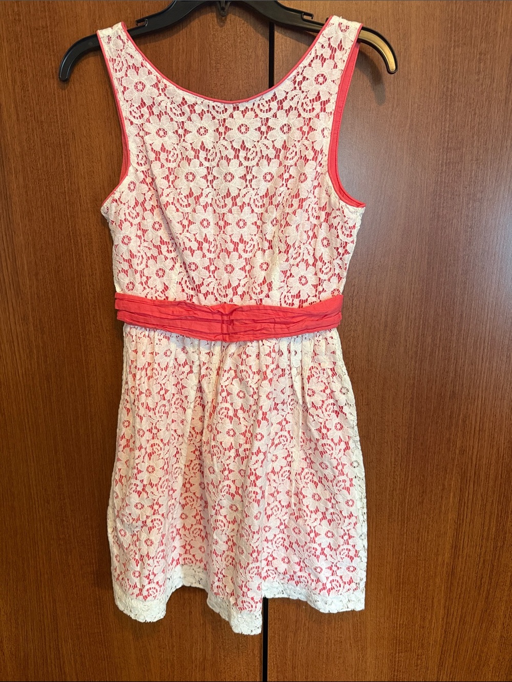 Forever 21 White Floral Lace Mini Dress with Coral Liner and Waistband